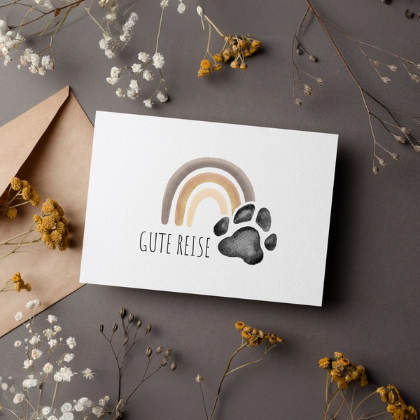 Beileidskarte Gute Reise über Regenbogenbrücke Trauerkarte für Hund und Katze mit FARBAUSWAHL, Karte mit Pfote zum Abschied vom  Haustier