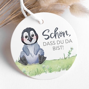 Pinguin Geschenkanhänger "Schön, dass du da bist!" für Gastgeschenke zur Taufe, Hochzeit, Einschulung & Geburtstag, 10 STÜCK