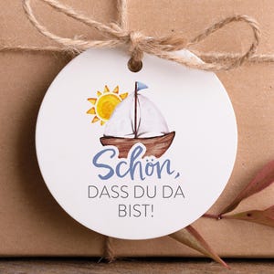 Schiff Geschenkanhänger "Schön, dass du da bist!" zur Taufe, Kommunion, Geburtstag, Rückseite mit Wunschtext & Foto personalisiert, 10 STÜCK
