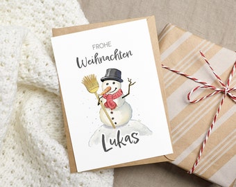 Snowman Christmas card, Merry Christmas, Christmas mail for family and children, card personalized with name