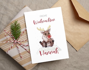 Personalisierte Rentier Rudolf Weihnachtskarte, Frohe Weihnachten, Weihnachtspost für Familie & Freunde, Geschenkkarte mit Namen