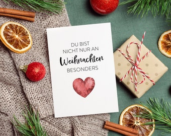 Weihnachtskarte Rotes Grüner Blaues Herz mit Spruch, Du bist nicht nur an Weihnachten besonders, Geschenkkarte, Minikarte, Karte Postkarte