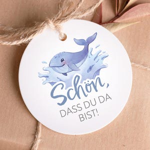 Wal Geschenkanhänger "Schön, dass du da bist!" zur Taufe, Kommunion, Geburtstag, Rückseite mit Wunschtext & Foto personalisiert, 10 STÜCK