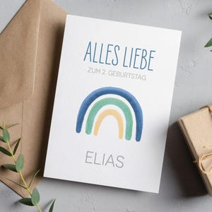 Karte zum Geburtstag, Personalisierbare Geburtstagskarte mit Regenbogen, Farbauswahl für Jungen und Mädchen, Geschenk, Baby, Glückwunsch