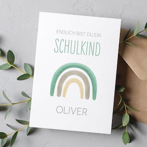 Karte zum ersten Schultag, personalisiertes Geschenk zur Einschulung mit Regenbogen als Glückwunsch zum Schulstart, Schulanfang