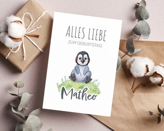 Glückwunschkarte zu, Geburtstag mit Löwe, Bär, Eichhörnchen, Eule, Pinguin, Hase oder Fuchs, Karte für Kinder, Mädchen & Jungs