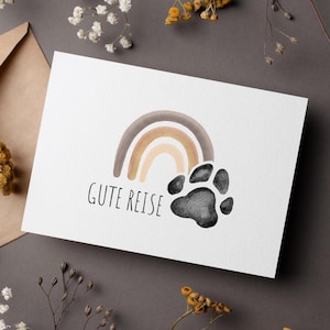 Beileidskarte Gute Reise über Regenbogenbrücke Trauerkarte für Hund und Katze mit FARBAUSWAHL, Karte mit Pfote zum Abschied vom  Haustier