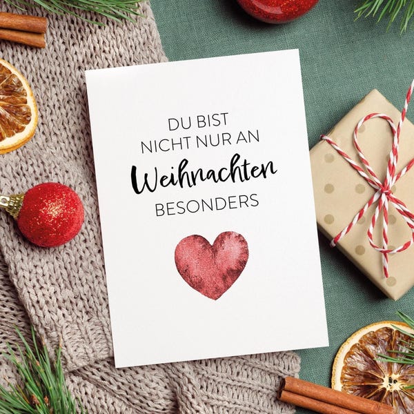 Weihnachtskarte Rotes Grüner Blaues Herz mit Spruch, Du bist nicht nur an Weihnachten besonders, Geschenkkarte, Minikarte, Karte Postkarte