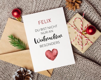 Weihnachtskarte mit Herz & Name mit Spruch Du bist nicht nur an Weihnachten besonders Rot Grün Geschenkkarte Minikarte Klappkarte Postkarte