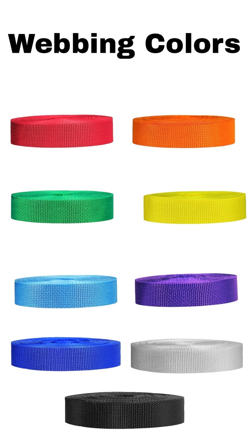 May include: Image showing rolls of webbing in a variety of colours: red, orange, green, yellow, light blue, purple, dark blue, white, and black. The text "Webbing Colors" is at the top of the image.