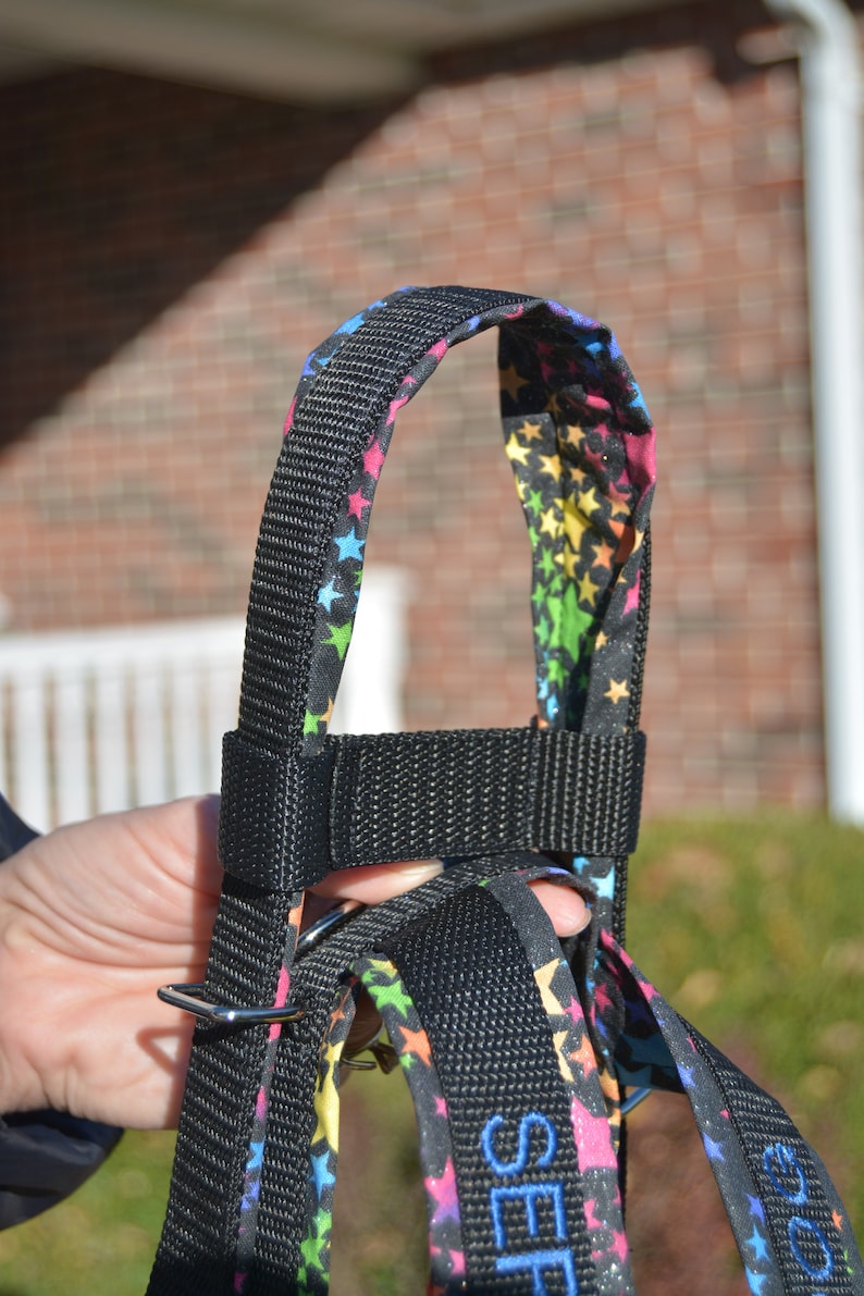 May include: Black dog harness with a colourful star pattern. The harness has a black exterior with a vibrant interior lining of rainbow stars. Includes metal D-rings and adjustable straps for a secure fit. The word "SEE" is embroidered in blue.