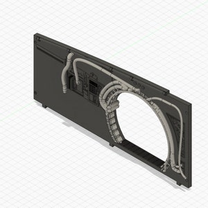 Puede incluir: Un modelo 3D de un panel de pared interior de una nave espacial con una gran abertura circular y un diseño detallado que incluye tuberías y cables.