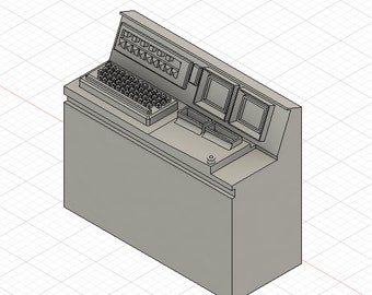 May include: A gray control panel with a keyboard, two monitors, and a series of buttons. The panel is mounted on a gray stand.