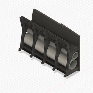May include: A black and grey 3D printed model of a rocket engine with four exhaust ports. The engine is mounted on a wall and has a series of vertical fins.