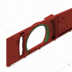 Op de afbeelding: Een 3D-rendering van een roodbruin rechthoekig object met een grote, gebogen opening. Een groene, gesegmenteerde structuur bekleedt de binnenkant van de opening. Het object heeft verschillende interne compartimenten en cirkelvormige kenmerken, wat wijst op een mechanisch of technologisch onderdeel.
