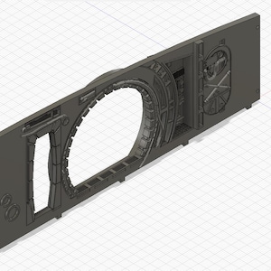 May include: A 3D printed model of a sci-fi spaceship airlock door. The door is open, revealing a circular opening. The model is detailed with intricate textures and features.