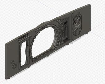 May include: A 3D printed model of a sci-fi spaceship airlock door. The door is open, revealing a circular opening. The model is detailed with intricate textures and features.