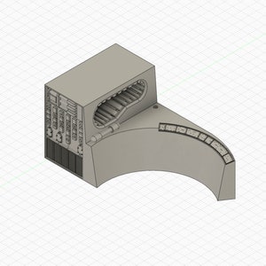 May include: A 3D printed model of a futuristic device with a curved panel and a detailed control panel with buttons and switches. The model is gray and has a textured surface.