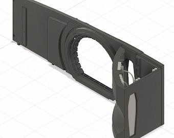 Pode incluir: Um modelo 3D de um objeto preto e cinza com uma grande abertura circular. O objeto tem um design complexo com múltiplas curvas e ângulos. Parece ser parte de uma máquina ou estrutura maior.