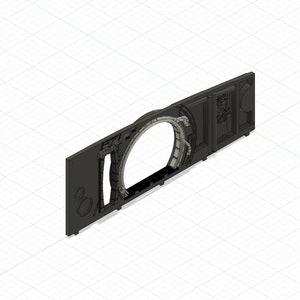 Puede incluir: Un modelo 3D impreso en negro de una puerta de ciencia ficción con una abertura circular y detalles intrincados. El modelo se coloca sobre un fondo de cuadrícula.