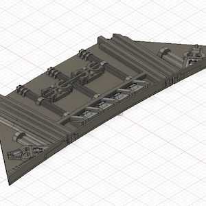 May include: A gray 3D printed model of a complex mechanical structure with intricate details and multiple levels. The model features a series of interlocking gears and levers, suggesting a functional design.