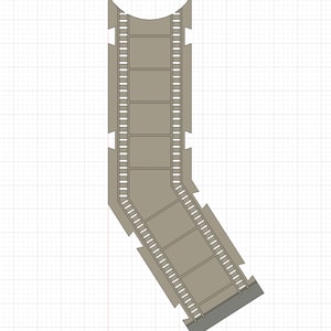 Op de afbeelding: Een grijs, rechthoekig, gesegmenteerd, gebogen en hoekig ontwerp met een grijze achtergrond. Het ontwerp lijkt op een filmstrip.