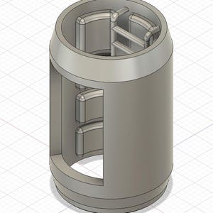 May include: A light grey cylindrical object with a hollow interior and a series of curved and straight supports. The top and bottom have a thicker, rounded edge. The design appears to be a 3D model or a prototype.