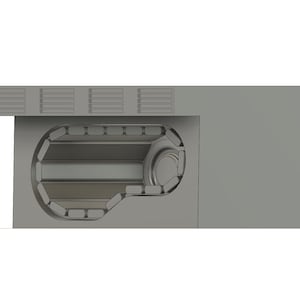 Puede incluir: Diseño gris renderizado en 3D de un componente mecánico. El componente presenta una serie de ranuras rectangulares y una sección curva con detalles internos. El diseño parece ser un dibujo técnico o un modelo para la fabricación.