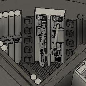 Può includere: Un'illustrazione in bianco e nero di un sistema complesso di tubi e fili, forse un sistema idraulico o elettrico, con una serie di cilindri grigi sul lato sinistro dell'immagine.