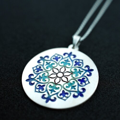 Elegant Silver Necklace - Enamel Pendant on 999 Sterling Silver - Silver Chain shops - Silver Pendant - Blue Necklace Mother's Day Gift Discount