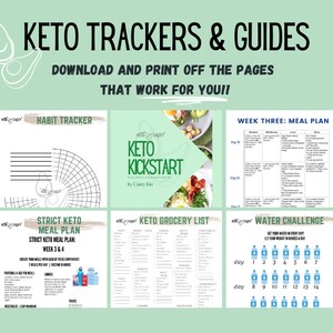 May include: A set of printable keto diet trackers and guides. The trackers include a habit tracker, a strict keto meal plan, a keto grocery list, and a water challenge. The guides include a keto kickstart meal plan for week three.