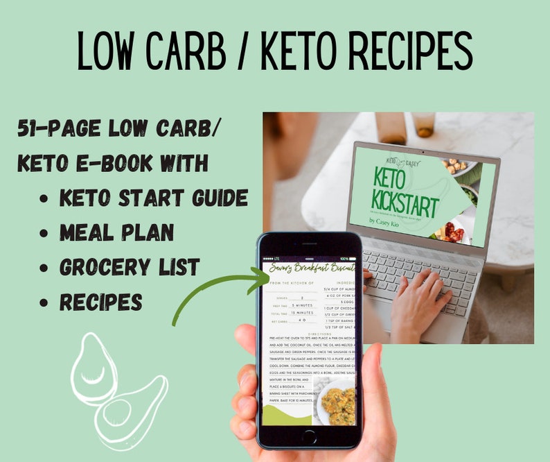 May include: A green and white graphic with the text "LOW CARB / KETO RECIPES" at the top. The graphic also includes the text "51-PAGE LOW CARB/KETO E-BOOK WITH" and a list of bullet points: "KETO START GUIDE", "MEAL PLAN", "GROCERY LIST", "RECIPES". The graphic also includes a photo of a laptop with a screen showing a keto cookbook and a phone with a recipe for "Savory Breakfast Duet".