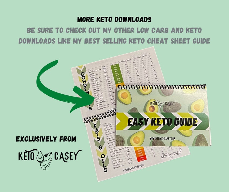 May include: A green and yellow guide with the text "Easy Keto Guide" and a website address. The guide is decorated with avocado illustrations and the text "Keto with Casey".