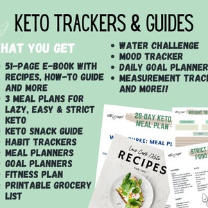 May include: A green and white graphic with the text "Keto Trackers & Guides" and a list of items included in the guide, such as a 51-page e-book with recipes, how-to guide, and more.  The graphic also includes a water challenge, mood tracker, daily goal planner, measurement tracker, and more.  The graphic also includes a 28-day keto meal plan, a weight tracker, and a strict keto food list.