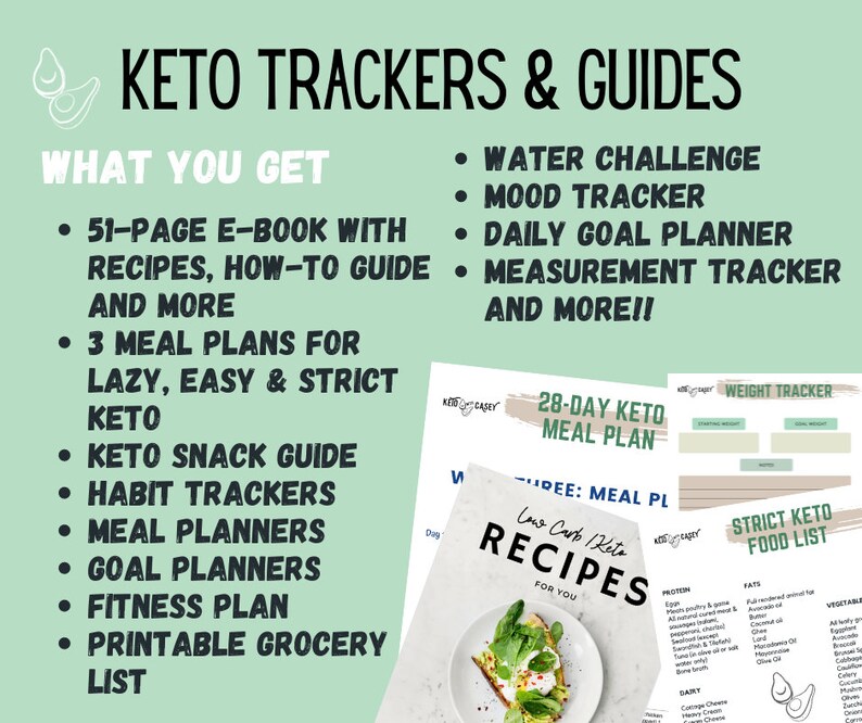 May include: A green and white graphic with the text "Keto Trackers & Guides" and a list of items included in the guide, such as a 51-page e-book with recipes, how-to guide, and more.  The graphic also includes a water challenge, mood tracker, daily goal planner, measurement tracker, and more.  The graphic also includes a 28-day keto meal plan, a weight tracker, and a strict keto food list.