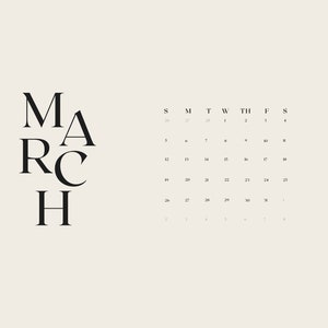 May include: A black and white calendar with the word "MARCH" in large letters at the top left corner. The calendar grid shows the days of the week, starting with Sunday and ending with Saturday. The dates are numbered from 26 to 8.