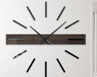 Industrial 3D stick-on wall clock, dark oak beam decor with long metal hands