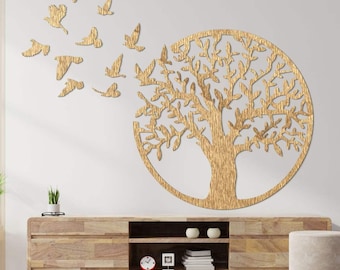 Tree of Life Wooden Wall Decor Circle with Flying Birds – Modern Plywood Accent