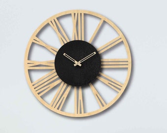 Maple Black, Wood Wall Clock, Roman Numerals, Laser Cut, Decorative Wall Clock, Wooden Clock, Wall Hangings Home, Wall Clock Modern