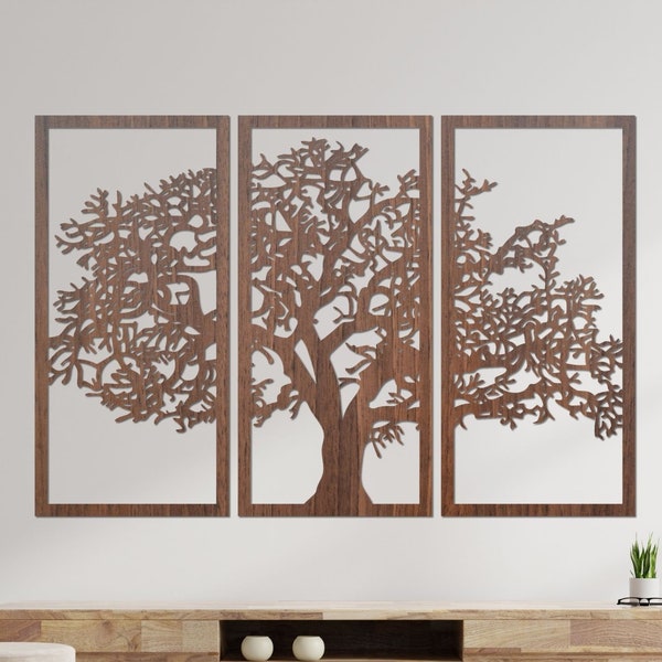 Ensemble de 3 panneaux décoratifs muraux en bois, arbre de vie, art mural en bois, décoration d'intérieur, arbre de vie suspendu, oeuvre d'art unique