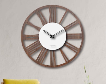 Wenge - weiße Holz Wanduhr, römische Ziffern, Laser geschnitten, dekorative Wanduhr, Holzuhr, Wandbehang Zuhause, moderne Wanduhr ALMAJO