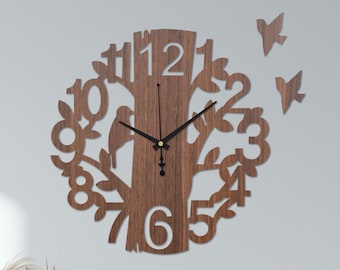 Horloge murale en bois, nature, oiseau, horloge murale décorative découpée au laser, horloge en bois, tenture murale, horloge murale pour animaux de la maison, horloge moderne | Epaisseur : 3 mm