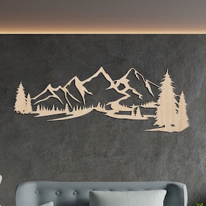 Houten Bergen Muurdecoratie | Houten Hangende Bergen Decor | Grote Wanddecoratie van Hout | Natuur en Bos Houten Muurkunst