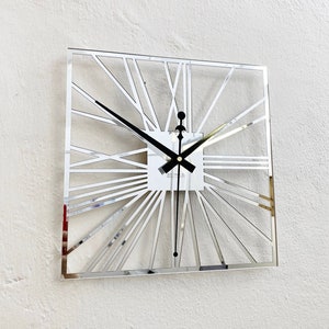 wall clock, living room clock, decorative clock, elegant clock, wall decoration, modern clock, mirror clock, silver clock, mirror silver, plexiglass clock