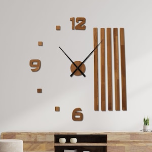 Horloge murale en bois, grande horloge silencieuse, diamètre horloge minimaliste en bois de chêne, horloge murale 3D surdimensionnée, horloge moderne à faire soi-même