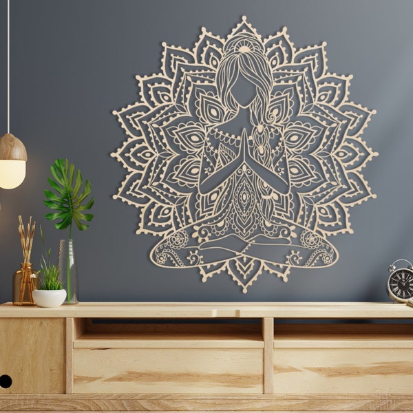 Mädchen Frau Blumen Fee Yoga Holz Wand Haus Wandbehang Dekor Rustikal Boho Design Natürliche Schönheit für Ihren Wohnraum Bohoins Dekor