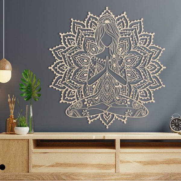 Chica mujer Hada de las flores Yoga pared de madera decoración colgante de pared del hogar diseño rústico Boho belleza natural para su espacio vital decoración Bohoins