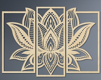 Lotus Three Panel, Wall Flower, Wall Art, Wooden Decoration, Wall Hanging, Wood Decor, Living Room Decor, Large Decor, Living Room