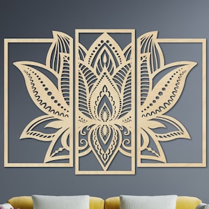 Lotus Three Panel, Wall Flower, Wall Art, Wooden Decoration, Wall Hanging, Wood Decor, Living Room Decor, Large Decor, Living Room