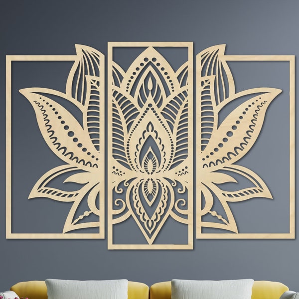 Lotus Three Panel, Wall Flower, Wall Art, Wooden Decoration, Wall Hanging, Wood Decor, Living Room Decor, Large Decor, Living Room